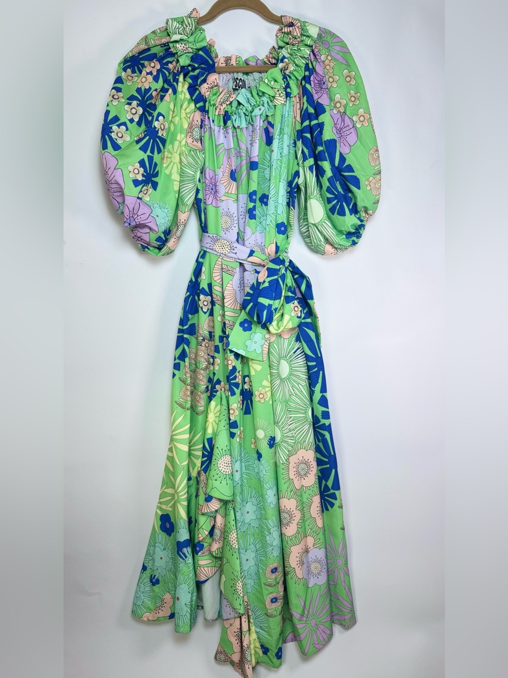 Anthropologie Oopscool Floral Puff Sleeve Off Shoulder Midi Dress Green - Picture 1 of 11